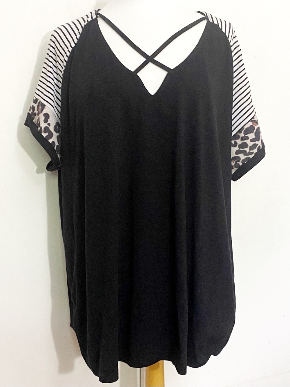 Black V-Neck Cross-Strap Tee with Stripe Leopard Sleeve Accents Longer Length 3X